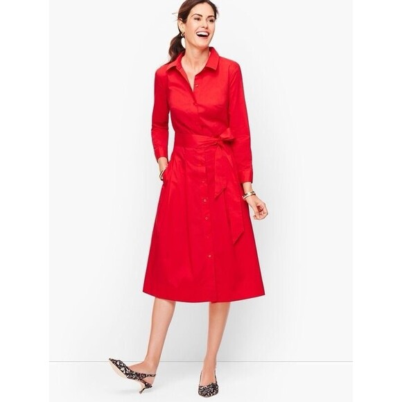 Talbots Womens 16 Red Belted Poplin Shirtdress Midi Button Front Collared Pocket - Picture 1 of 10